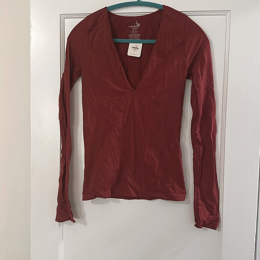 NWT Free People burgundy fitted deep v-neck.